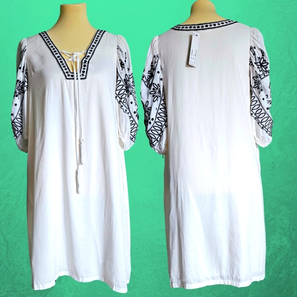Women White Dress BelldiniFloral Black Embroidered Lace Up 100% Rayon LA Size SP